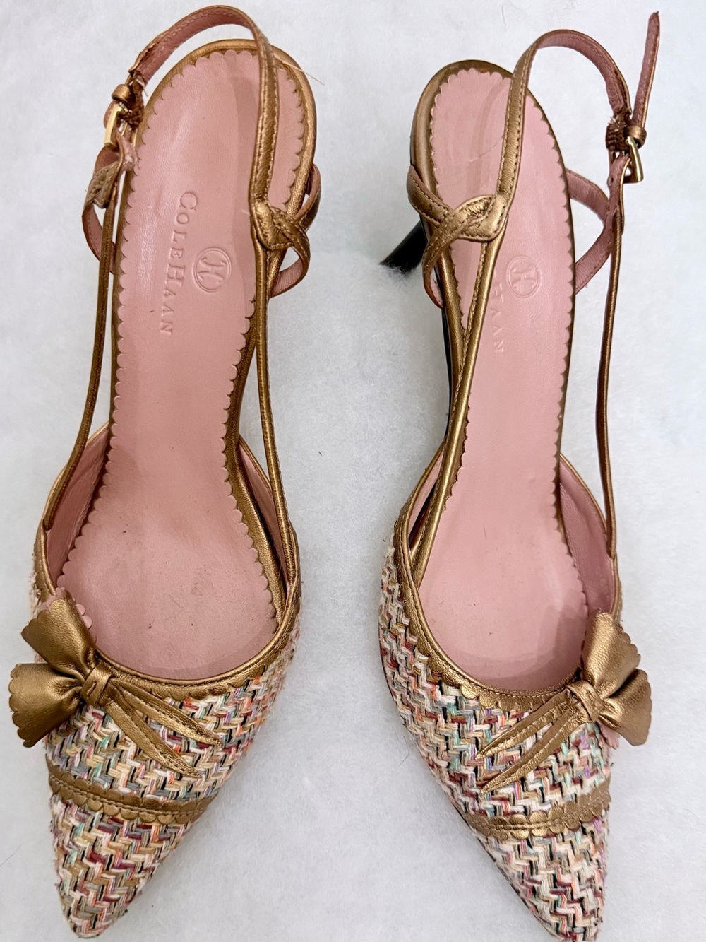 Cole Haan Gold Metallic Leather & Multicolor Woven Pointed Slingback Heels